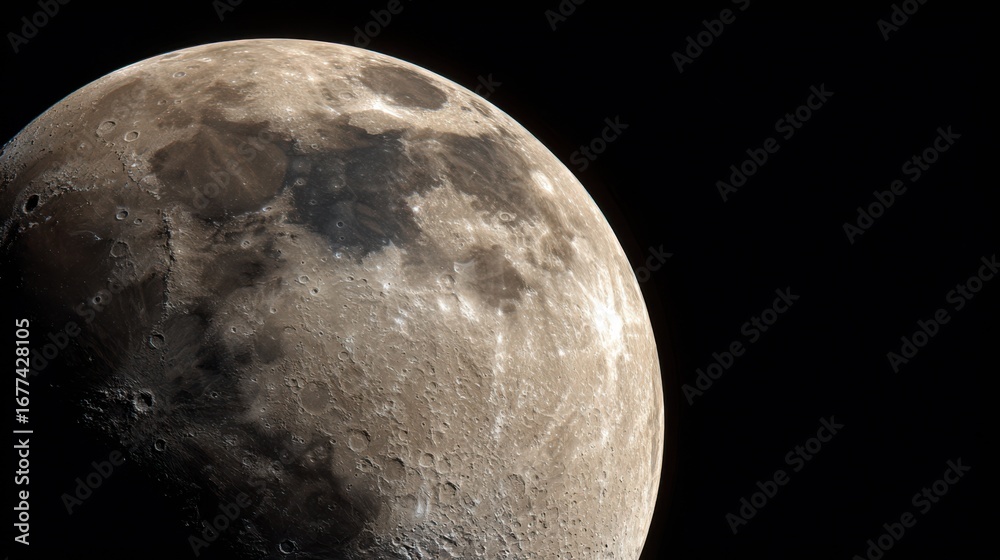 Naklejka premium Close cinematic shot of the moon with intense clarity, every crater and ridge visible, glowing softly in the night sky