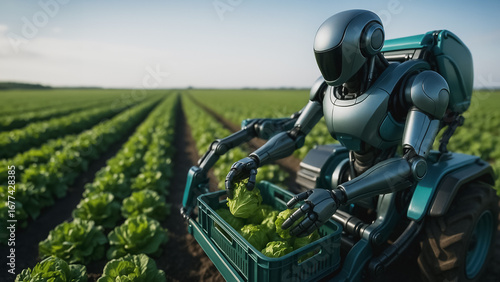 Robotic Farmer at Work: A futuristic robotic farmer meticulously tends to rows of vibrant green crops, showcasing agricultural innovation and technological progress in a sunlit field.