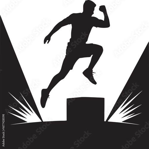 Silhouette of a man jumping over a box in a black and white image with abstract light design elements