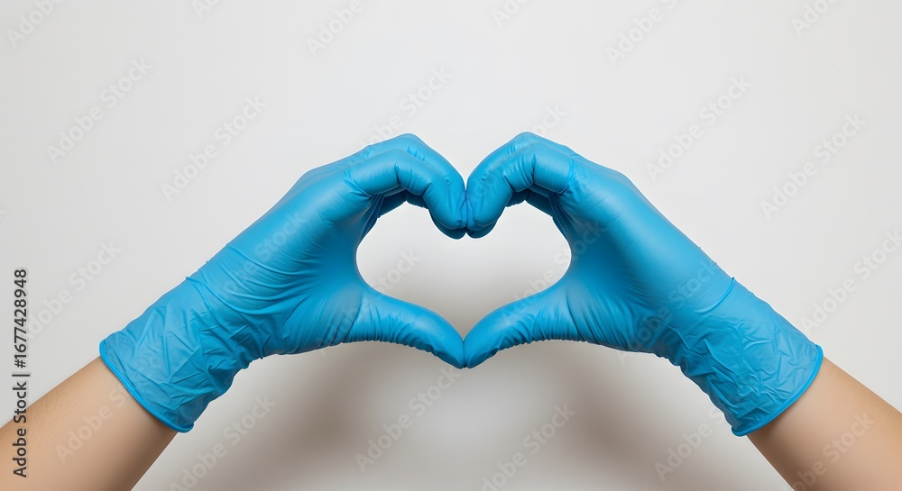 Obraz premium Blue Gloved Hands Form Heart Symbol Medical Care Love