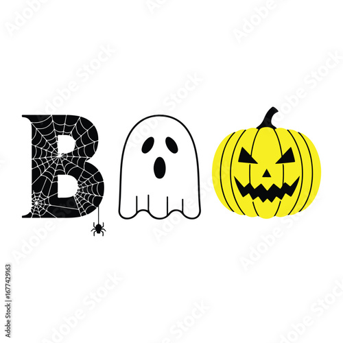 Festive Halloween Boo Design with a Spiderweb Letter Ghost and a Spooky Jack o Lantern Pumpkin