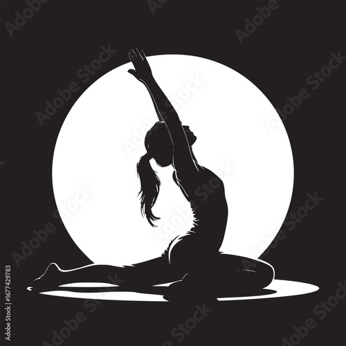 Silhouette of woman in yoga pose with arms raised against a bright circular background design element