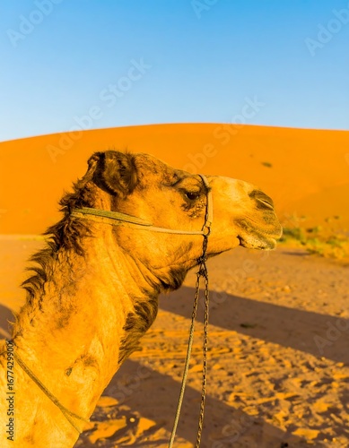 Camel in the desert at sunrise