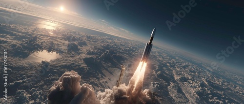 Rocket Launching Into Sky From Earth with Bright Sun and Cloudy Atmosphere