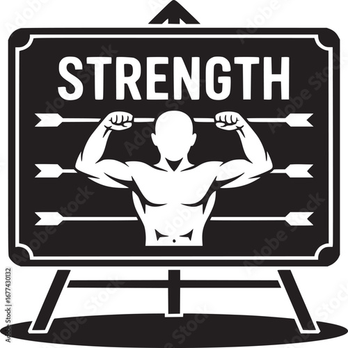 A black and white illustration of a man flexing his muscles with the word strength above him on a sign