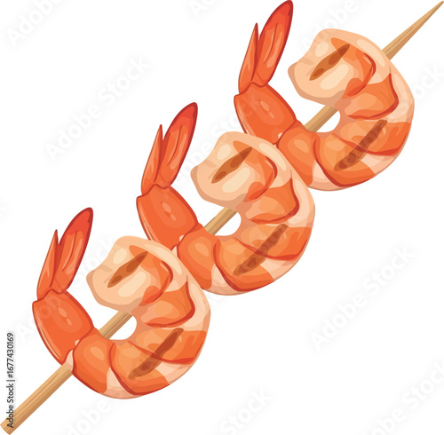 Grilled shrimp skewer seafood appetizer delicious cooked prawns on stick vector