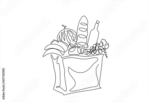 Continuous line art drawing of Grocery food basket, fruits and bread in the paper bag. Grocery food basket single line art. Hand drawn one line vector. Editable stroke
