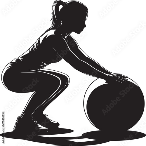 Silhouette of woman doing squats with exercise ball in fitness training against white background