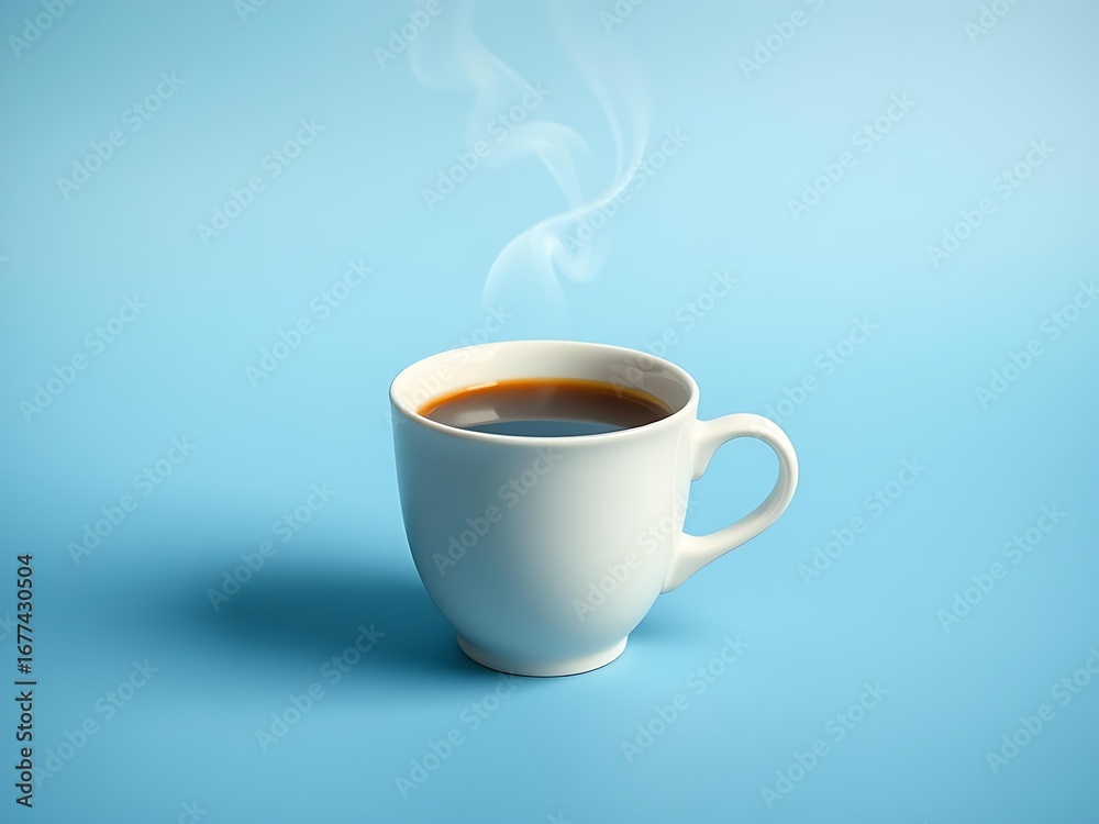 Obraz premium White ceramic coffee cup with steam rising placed on clean blue background, minimal cozy beverage illustration concept for morning coffee design, cafe branding, lifestyle artwork, and warm drink