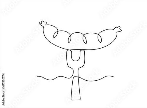 Continuous single line sketch drawing of grilled sausage with fork barbecue bbq spit skewer one line editable vector. Hand drawn one line vector. 