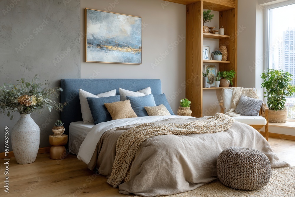 Fototapeta premium Elegant contemporary bedroom with a serene blue headboard and boho touches creates a tranquil retreat in modern home design