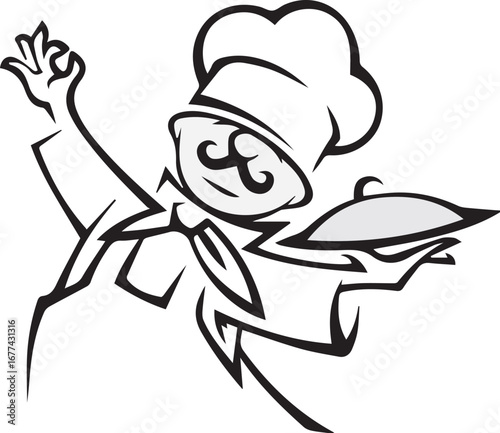 Smiling cartoon chef with a platter ready to serve delicious food