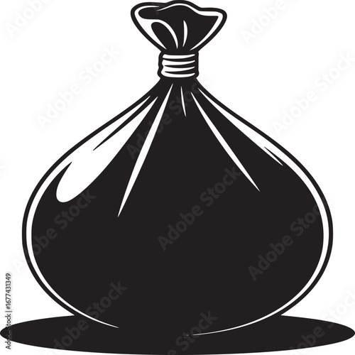 Illustration of a black garbage bag tied at the top with a shadow on a white background art