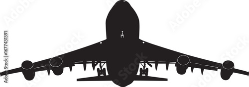 Transport Plane Landing A large military transport plane touching down, preparing to unload troops or supplies. full length silhouette black vector illustration