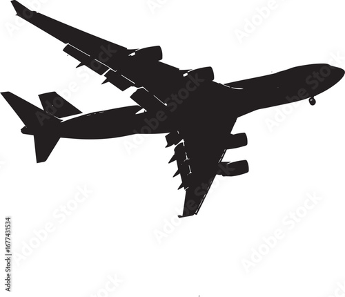 Cargo Plane Flying A large military cargo plane in mid-air, flying steadily with cargo doors closed. full length silhouette black vector illustration
