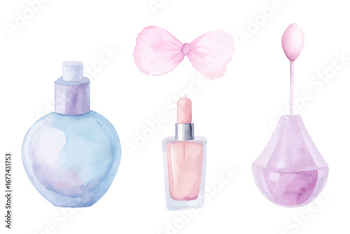 Watercolor perfume bottles & makeup items