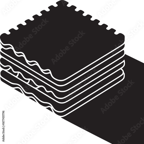 A monochrome image depicting a stack of interlocking foam floor tiles with a long shadow cast to the side