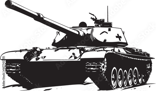 Battle Tank A black silhouette vector of a heavily armed combat vehicle.