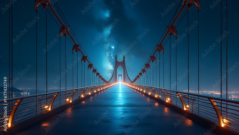 Fototapeta premium Starry Night Bridge A Path to the Horizon, Infinite Horizon Bridging Dreams Under Starlight, Gateway to Eternity Illuminated Bridge at Dusk, Cosmic Crossing A Luminous Journey Over Water