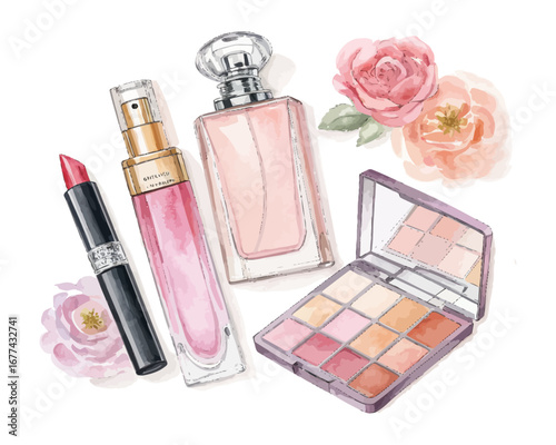 Watercolor perfume bottles & makeup items