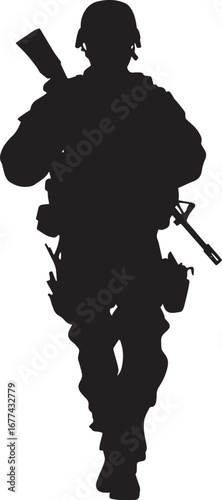 Cautious Approach A full-length black vector of a soldier advancing while scanning the area.