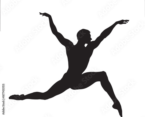 Ciseaux (Scissors Jump) A Ballet dancer leaping with legs crossing mid-air like scissors, arms in graceful positions. full length silhouette black vector illustration