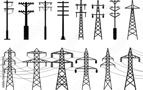 Electric power poles and transmission towers, black and white silhouette, energy infrastructure network, high voltage lines, industrial electricity illustration