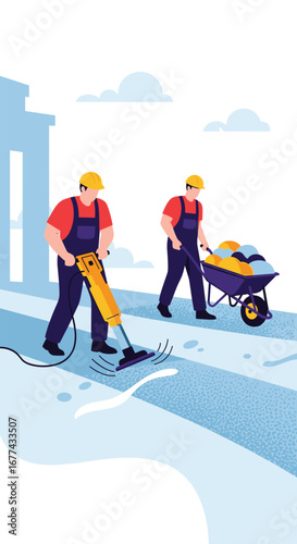 Construction workers breaking up pavement with a jackhammer and transporting materials with a wheelbarrow