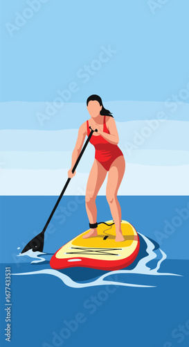Young woman paddling standing upright on a board enjoying a sunny day on calm water