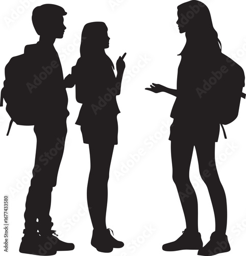 Chatting with Friends A black silhouette vector of a student socializing with friends, schoolbag nearby.