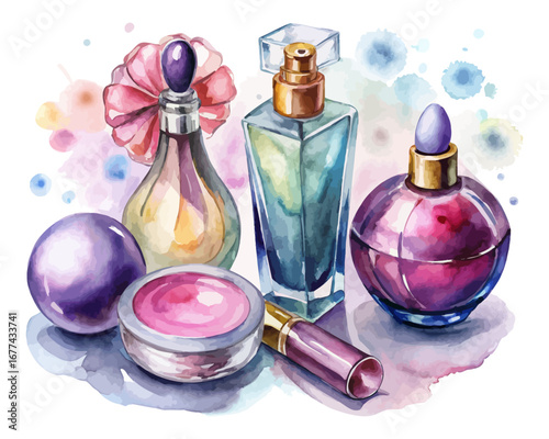 Watercolor perfume bottles & makeup items