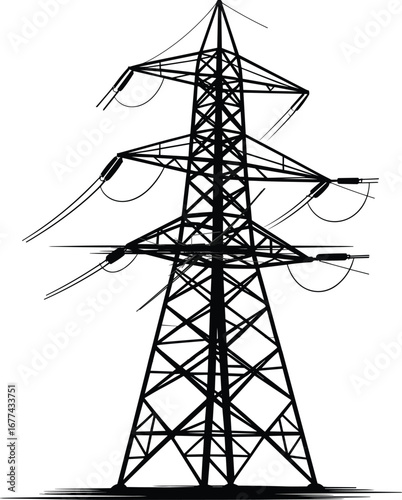 High voltage power lines, electricity pylon illustration, black and white energy concept, transmission tower artwork, electric infrastructure, industrial silhouette