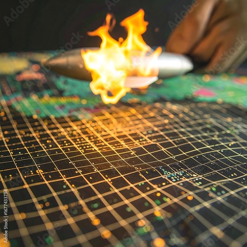 Burning projectile over a gridded map