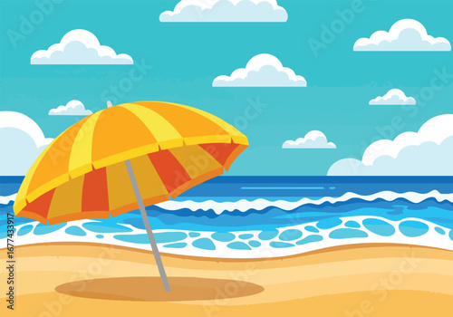 Vector summer beach with striped umbrella, ocean waves, and blue sky