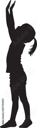 Stretching A child standing, reaching high into the air or touching their toes as part of a warm-up exercise. full length silhouette black vector illustration