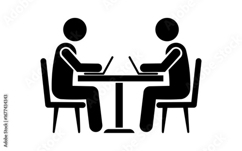 Minimalist black stickman icon showing two people sitting at a table using laptops. Perfect silhouette vector illustration for coworking, teamwork, study, online learning, or office collaboration conc