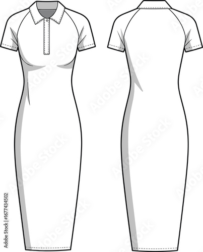 Polo Collar Bodycon Dress Flat Sketch Front and Back View for Technical Fashion Illustration, Apparel Design, Vector Garment Template