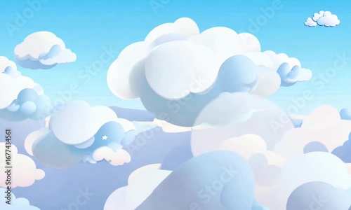 Cartoon style image of fluffy white clouds filling a light blue sky on a bright sunny day