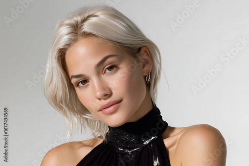 Studio portrait of a confident young woman with platinum blonde hair wearing a black halter top, posing against a light background with natural makeup, showcasing beauty and elegance