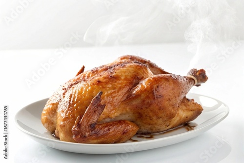 Hot roasted chicken with herbs on a plate whole chicken