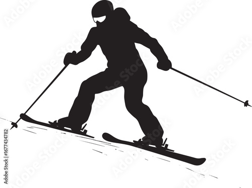 Slope Descent A black vector illustration of a person skiing with bent knees and poles, racing downhill.