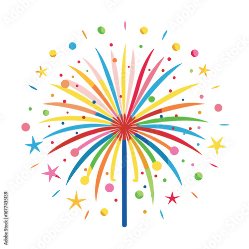 Multicolor firework explosion with stars and dots isolated on white background