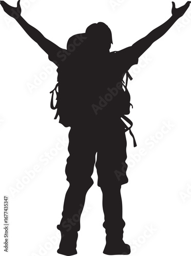 Post-Hike Stretch A black silhouette vector of a person stretching their arms after a long hike with a backpack.