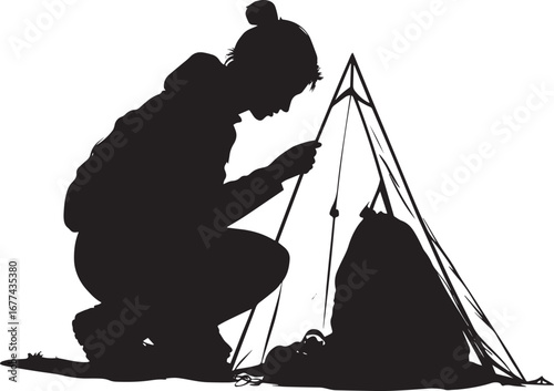 Setting Up Camp A person setting up a tent, placing a sleeping bag or gear inside. full length silhouette black vector illustration