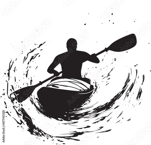 360 Kayak Twist A black silhouette vector of a person executing a spin, paddling rapidly in a kayak.