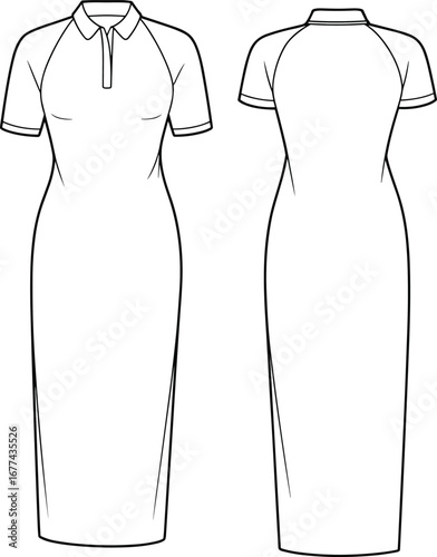Polo Neck Midi Dress Flat Sketch Front and Back View for Technical Fashion Design, Apparel Illustration, and Vector Garment Template