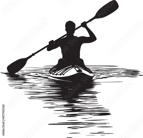 J-Stroke Person using a "J" shaped paddle movement to adjust direction. Full silhouette in black vector design.