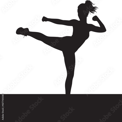 Silhouette of a woman in a fighting pose with one leg extended and arms raised on a white background
