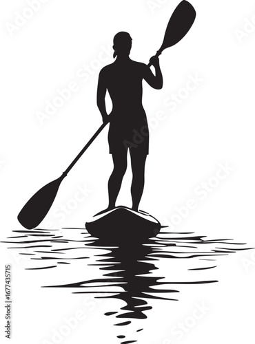 Reverse Paddling Individual paddling backward while leaning slightly back. Full silhouette in black vector design.