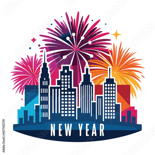 New year celebration with colorful fireworks over a city skyline with skyscrapers